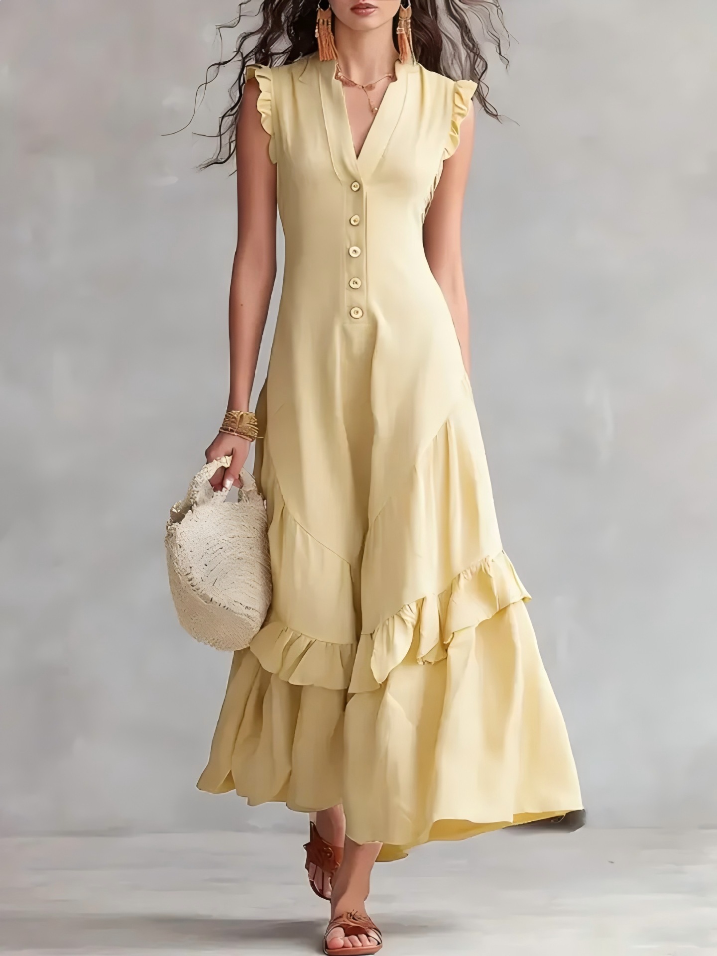 Minimalist Cotton-Linen Sleeveless Dress with V-Neck and Pleated Detail