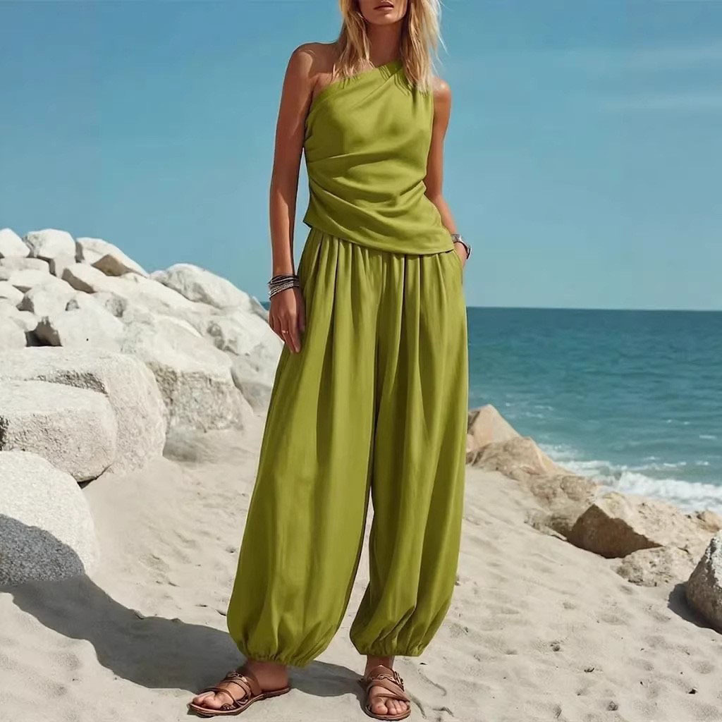 Women's Sleeveless Tank Top and High-Waist Pants Set Solid Color Casual