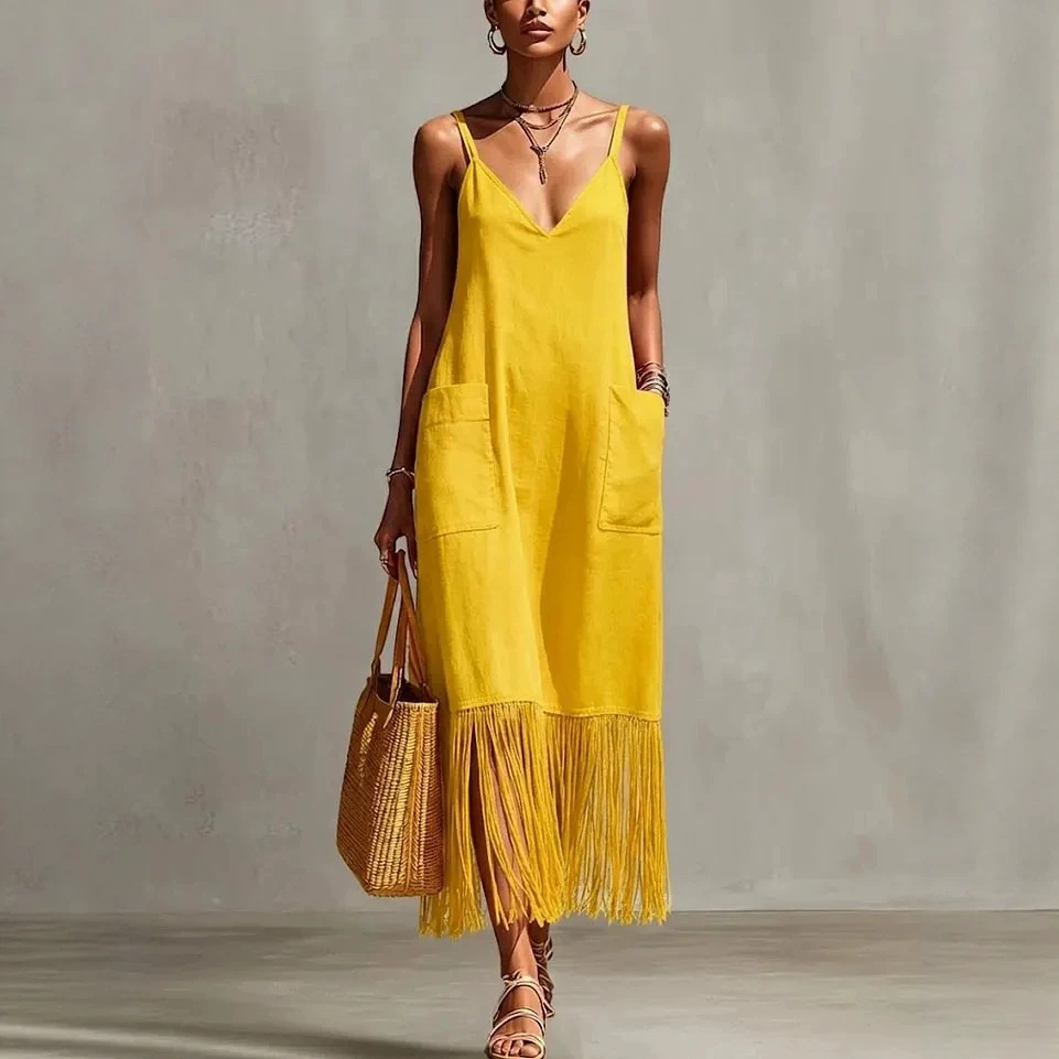 Bohemian Fringe Hem Sleeveless A-Line Long Dress