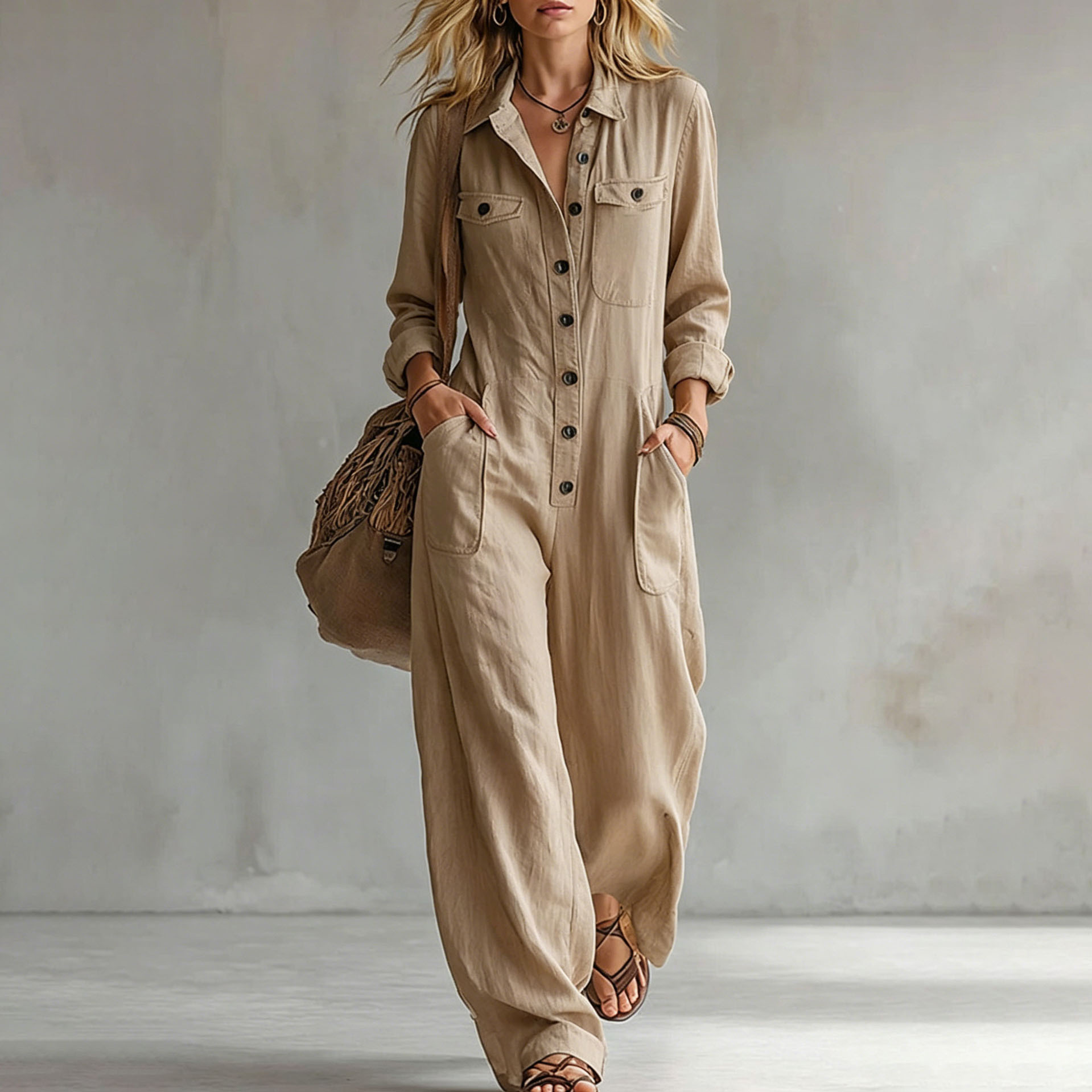 Women's Casual V-Neck Long Sleeve Jumpsuit with Pockets