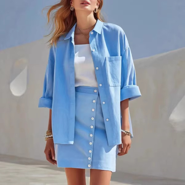 Women's Collared Long Sleeve Shirt and Button Skirt Linen-Blend Two-Piece Set