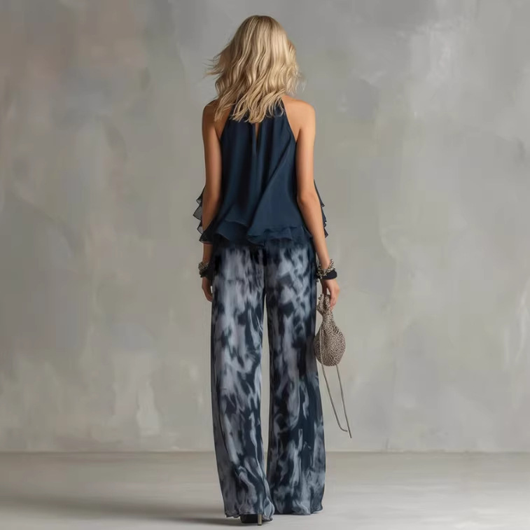 Elegant Navy Open-Back Top and Printed Wide-Leg Pants Set