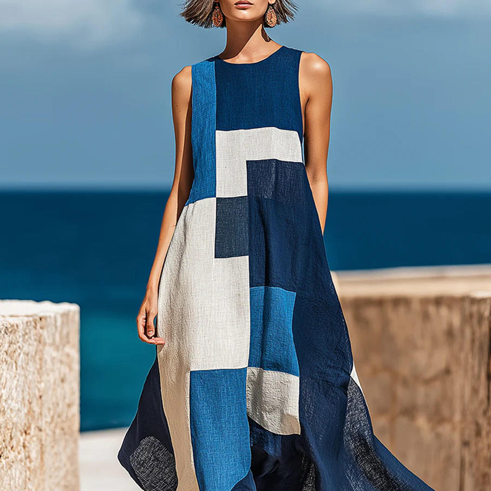 Plaid Print Sleeveless Long Dress Casual Vacation