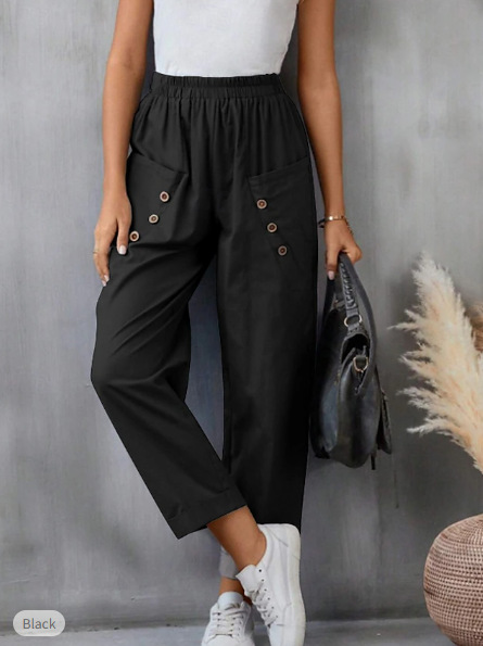 Women's Cotton-Linen Harem Pants Solid Color Elastic Waist Pockets