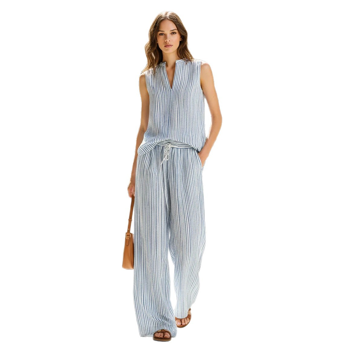 Women's Striped Sleeveless V-Neck Top and Pants Set
