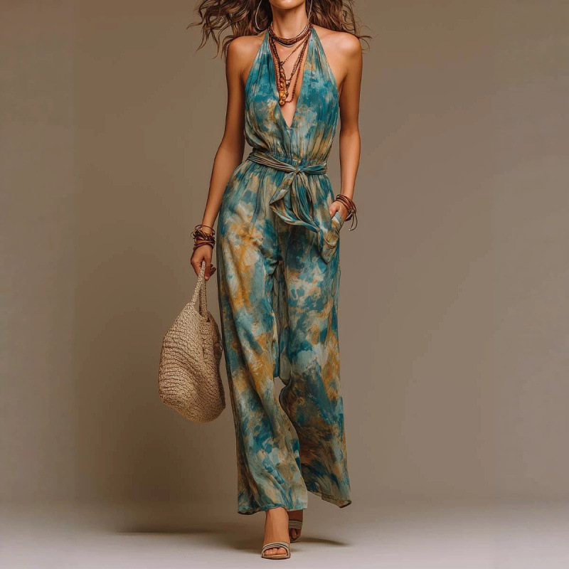 Women's Sleeveless Printed Jumpsuit with Straight-Leg Pants