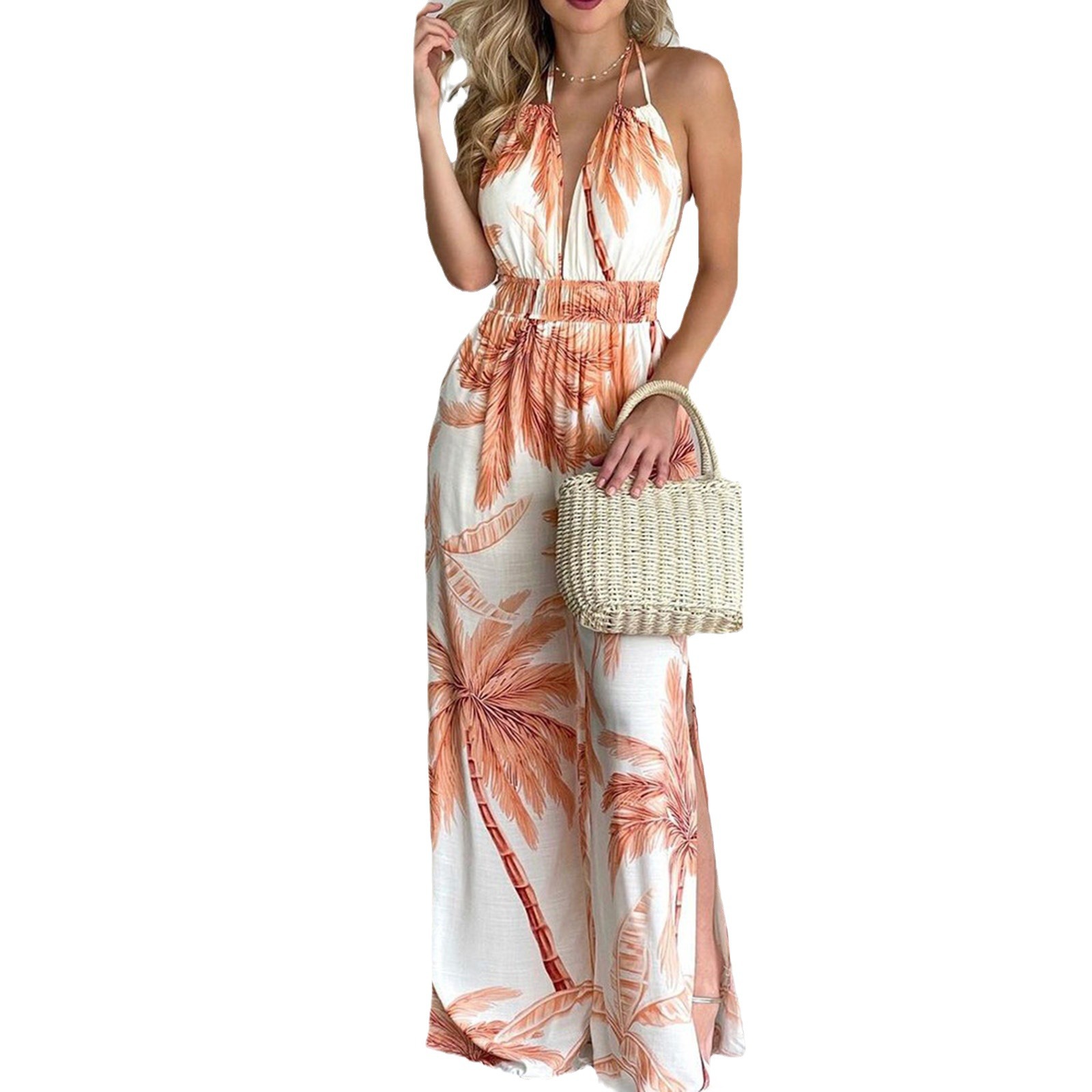 Women's Digital Print Sleeveless Jumpsuit with V-Neck and Wide Leg