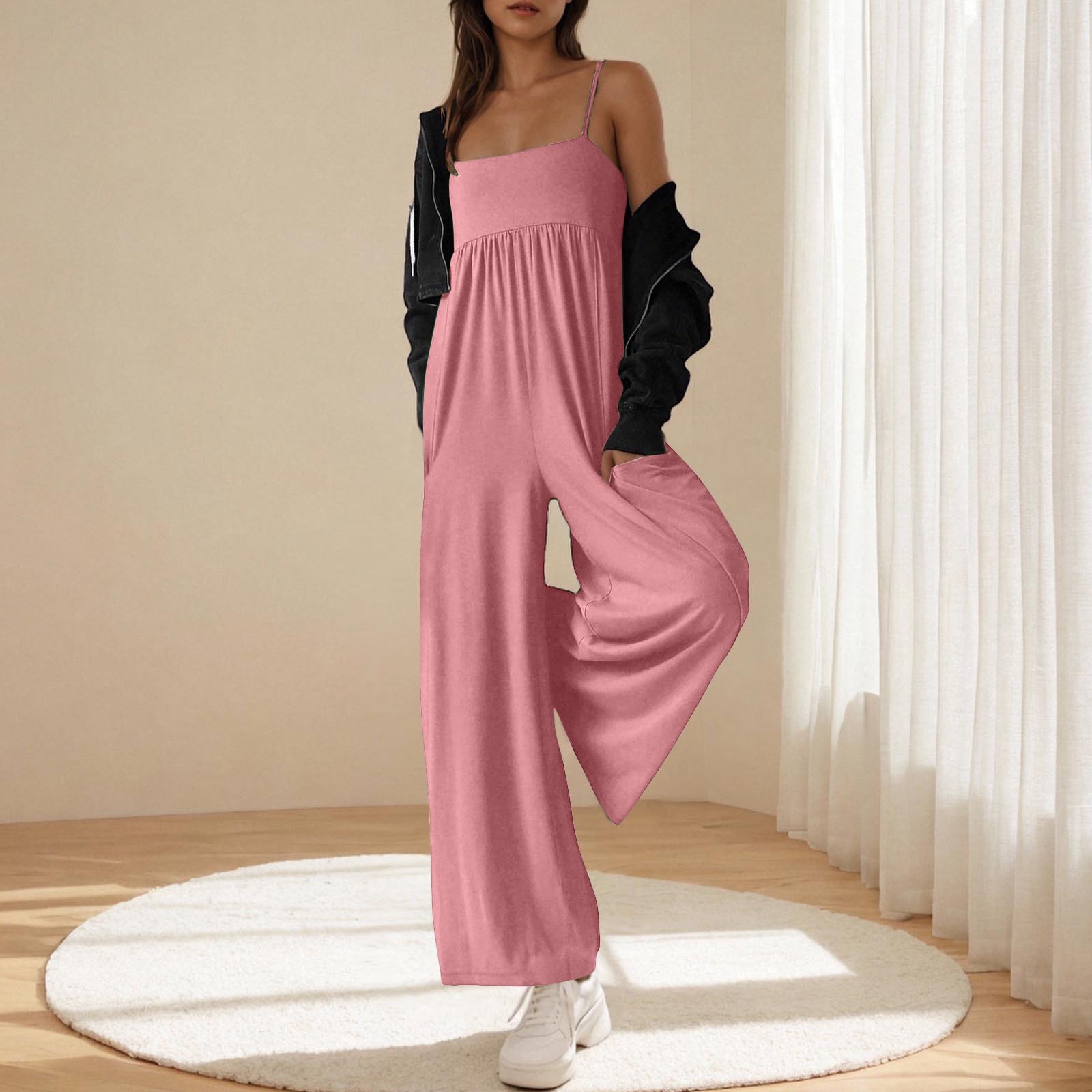 Women's Solid One-Shoulder Sleeveless Open-Back Wide-Leg Jumpsuit