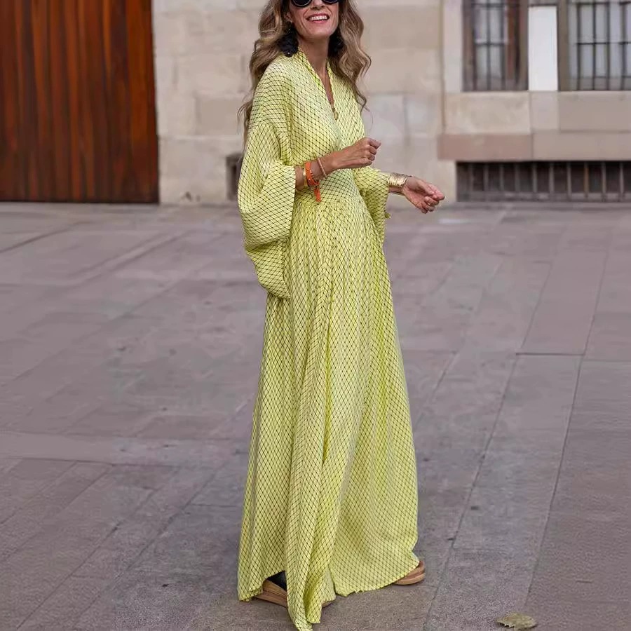 Women's Casual V-Neck Floral Print Pleated Midi Dress with Waist