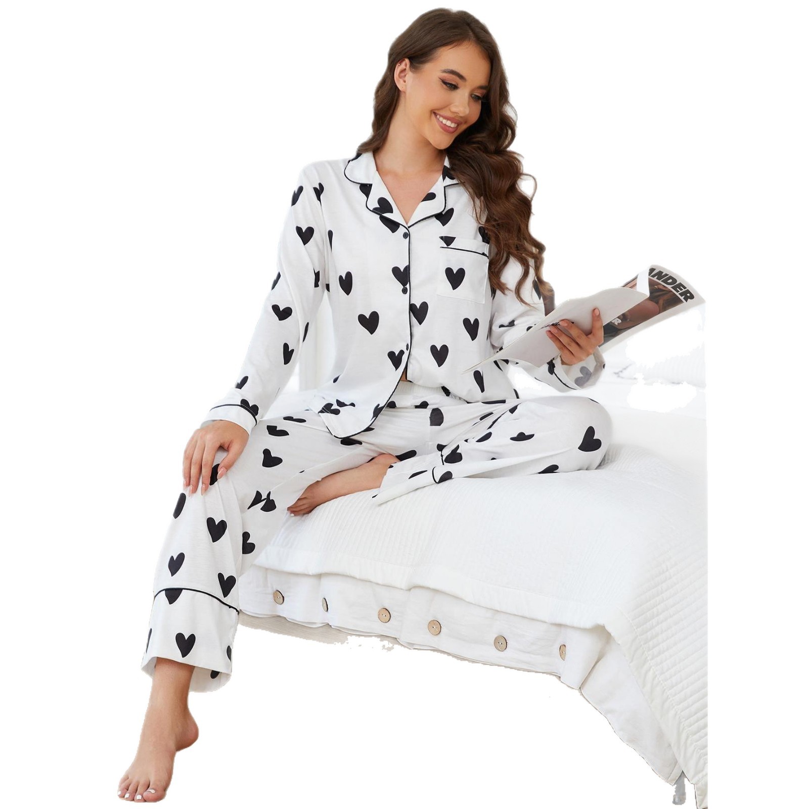 Women's Cuban Collar Polka Dot Heart Print Long Sleeve Loungewear Set