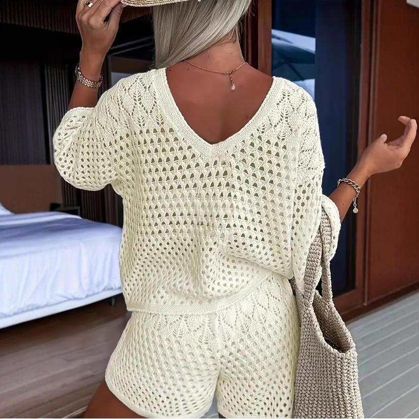 Women's V-Neck Hollow-Out Knit Two-Piece Set Casual Spring Summer