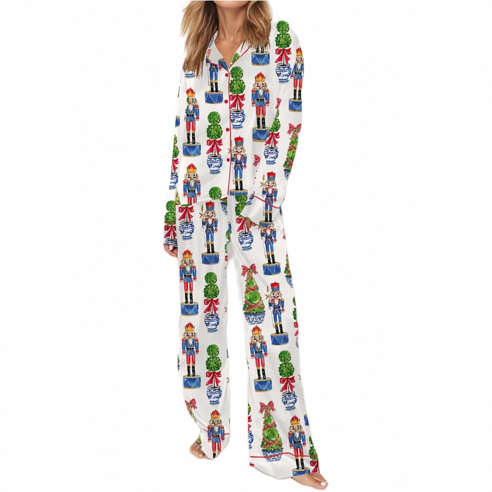 Christmas Tree Print Cuban Collar Long Sleeve Women's Set