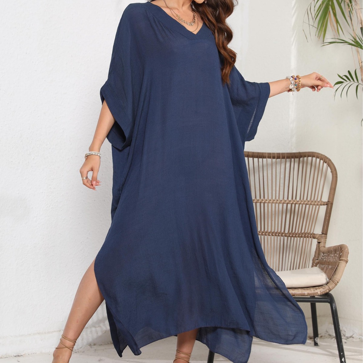 V-Neck Loose Slit Maxi Beach Cover-Up Dress