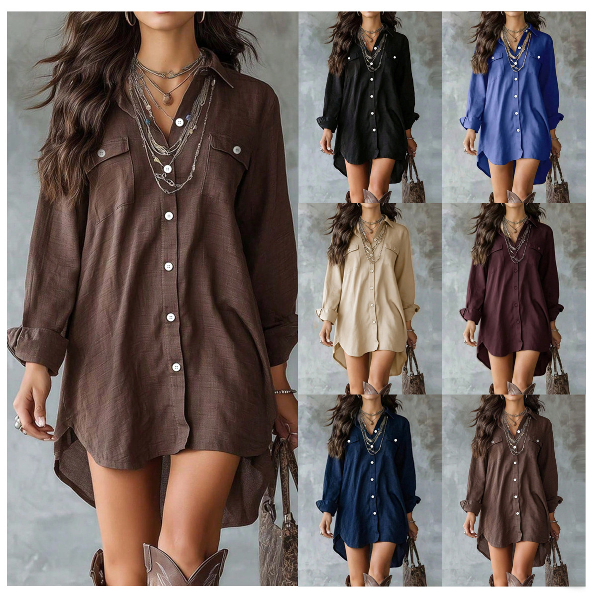 Cotton-Linen Long-Sleeve Button Shirt Dress with Slit