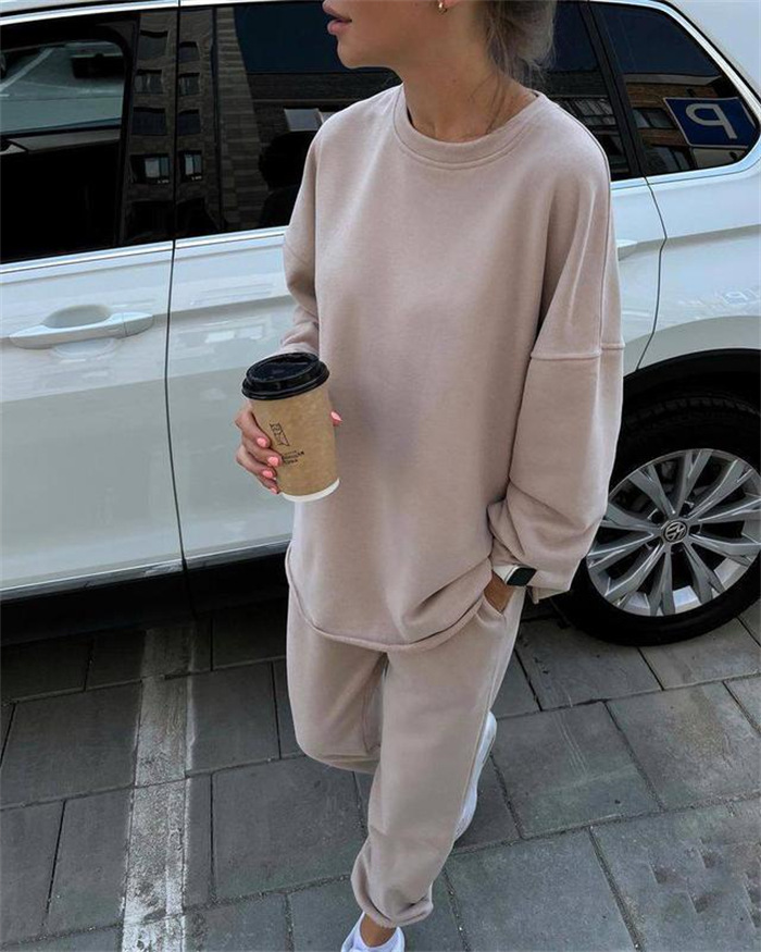 Women's Casual Solid Color Long Sleeve Top and Elastic Waist Pants Two-Piece Set