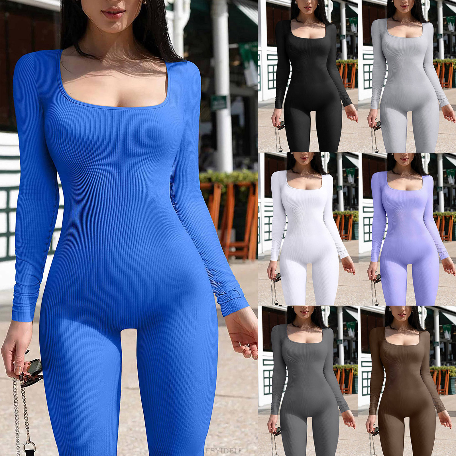 Women's Ribbed Square Neck Bodysuit Slimming Long Sleeve