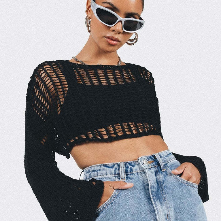 Women's Summer Crewneck Long Sleeve Open Knit Crop Top