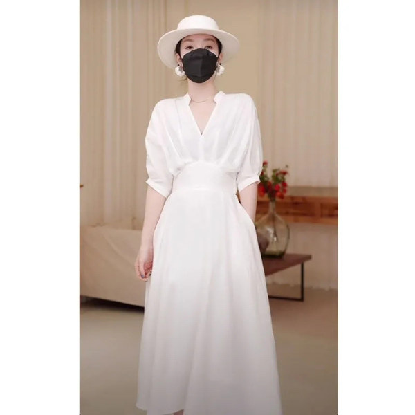 Women's French Style White Shirt Dress with Cinched Waist