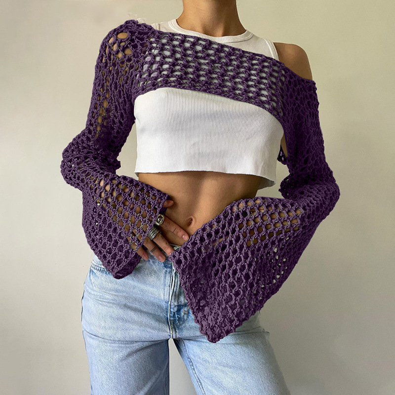 Women's Crochet Mesh Crop Top with Bell Sleeves