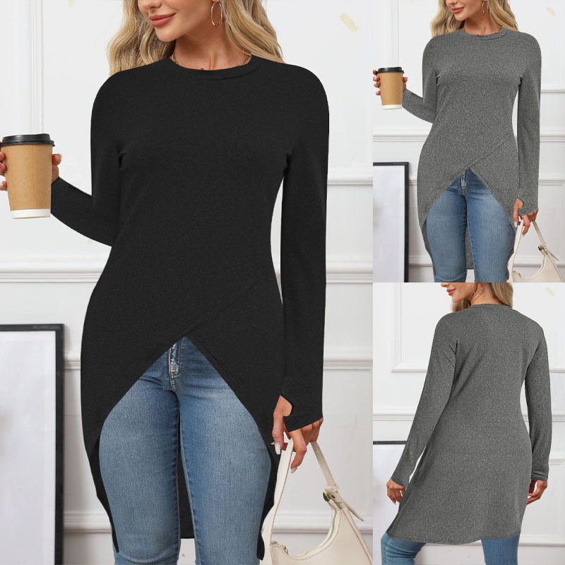 Solid Crewneck Long Sleeve Slit Midi Dress