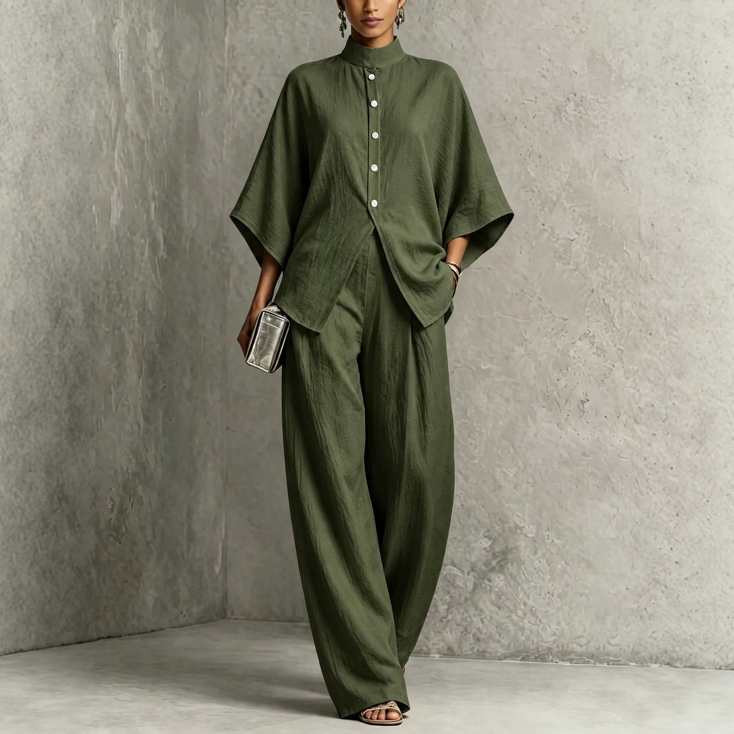 Women's Stand Collar Batwing Sleeve High Waist Wide Leg Two-Piece Set