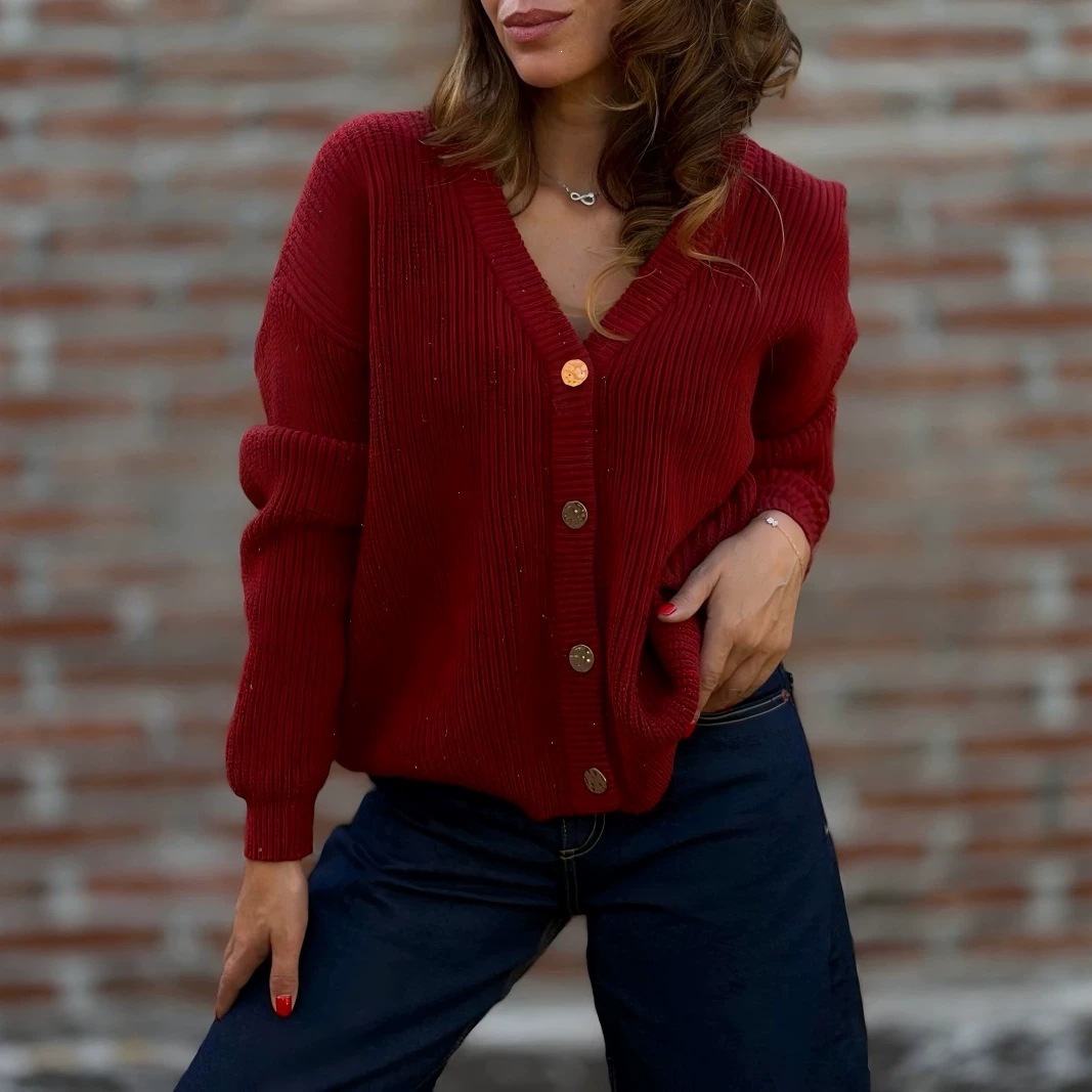 V-Neck Slimming Knit Cardigan Women's Long Sleeve Solid Button-Up Sweater