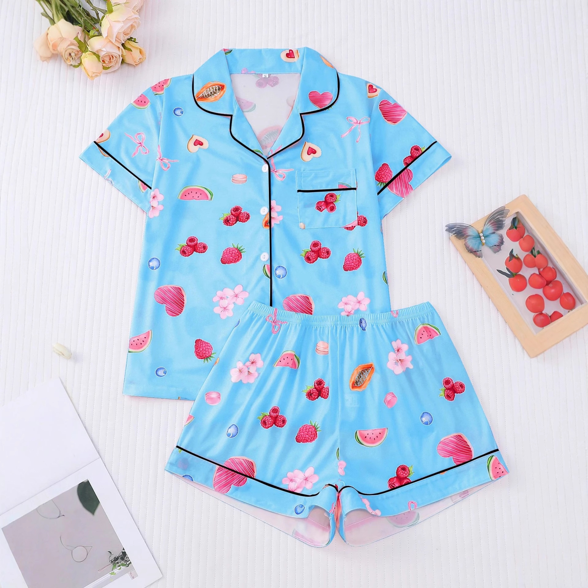 Women's Cuban Collar Fruit Print Shirt Set Casual Loungewear