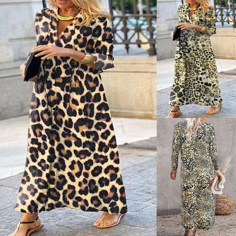 Leopard Print V-Neck Long Sleeve Pullover Shirt Dress