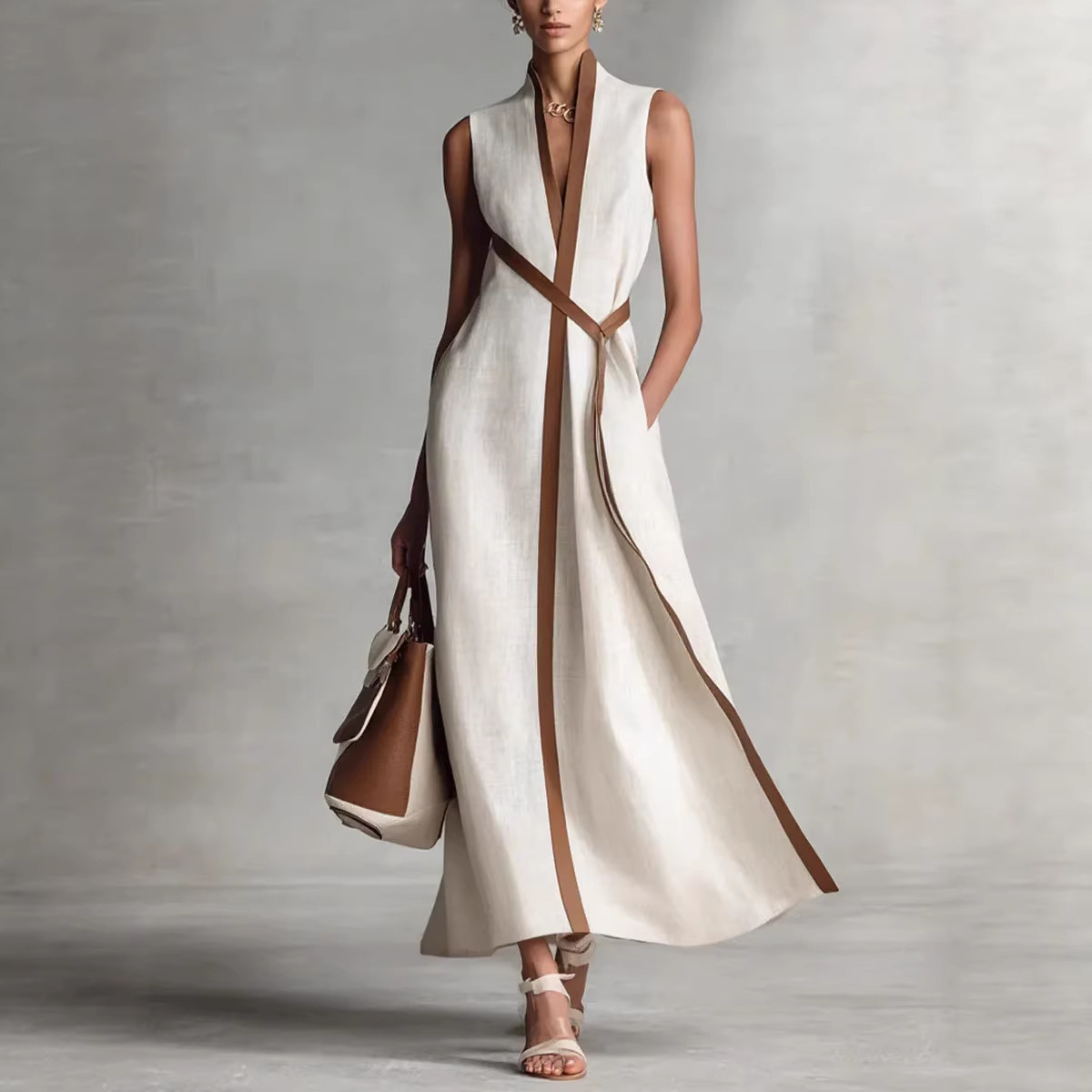 Color-Block Sleeveless Stand-Collar Cotton-Linen Dress