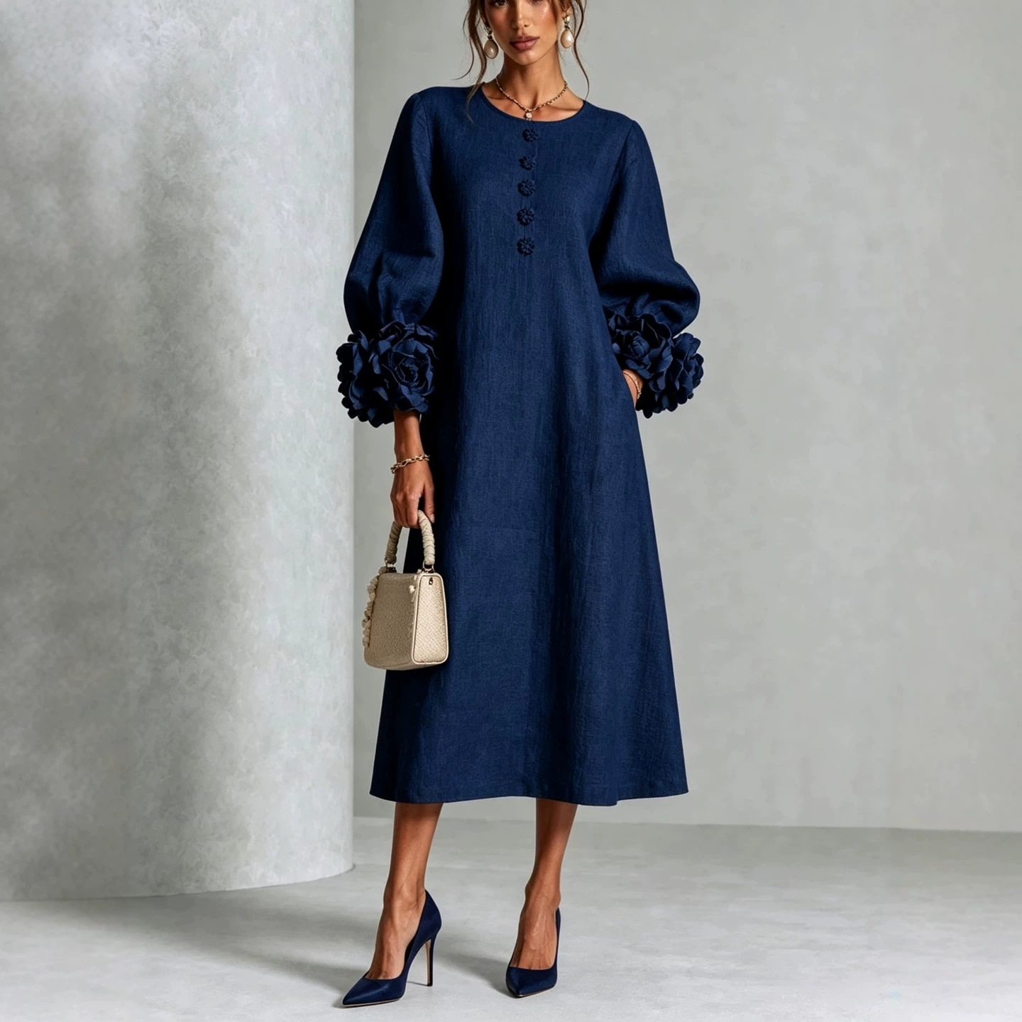 Women's Loose Round Neck Lantern Sleeve Floral Midi Dress