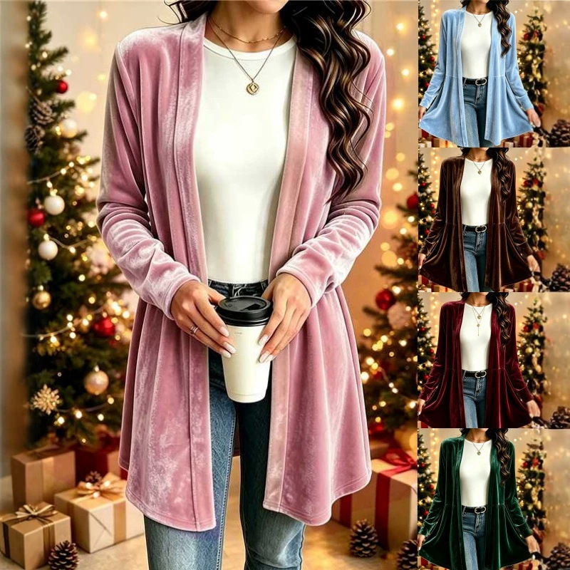 Women's Velvet Open-Front Cardigan Loose Fit Solid Color Mid-Length Knit Top