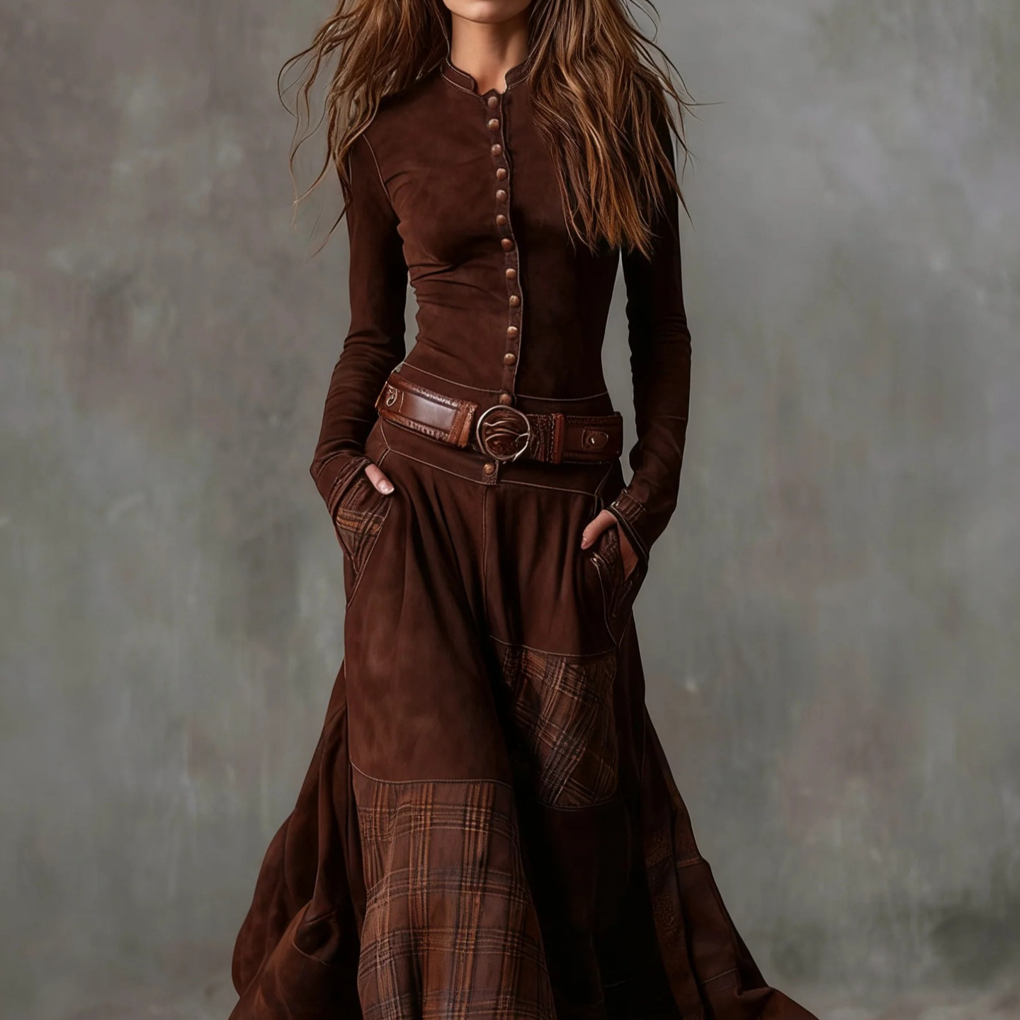 Retro Patchwork Wide-Leg High-Waist Long Sleeve Maxi Dress