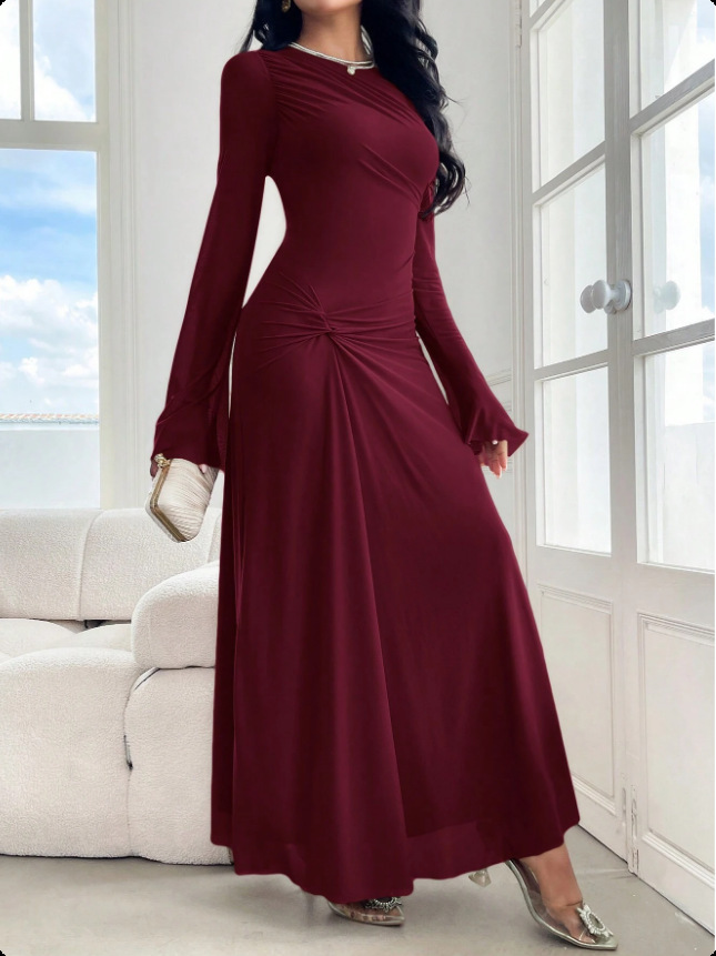 Flare Sleeve Bodycon Midi Dress with Crinkle Texture