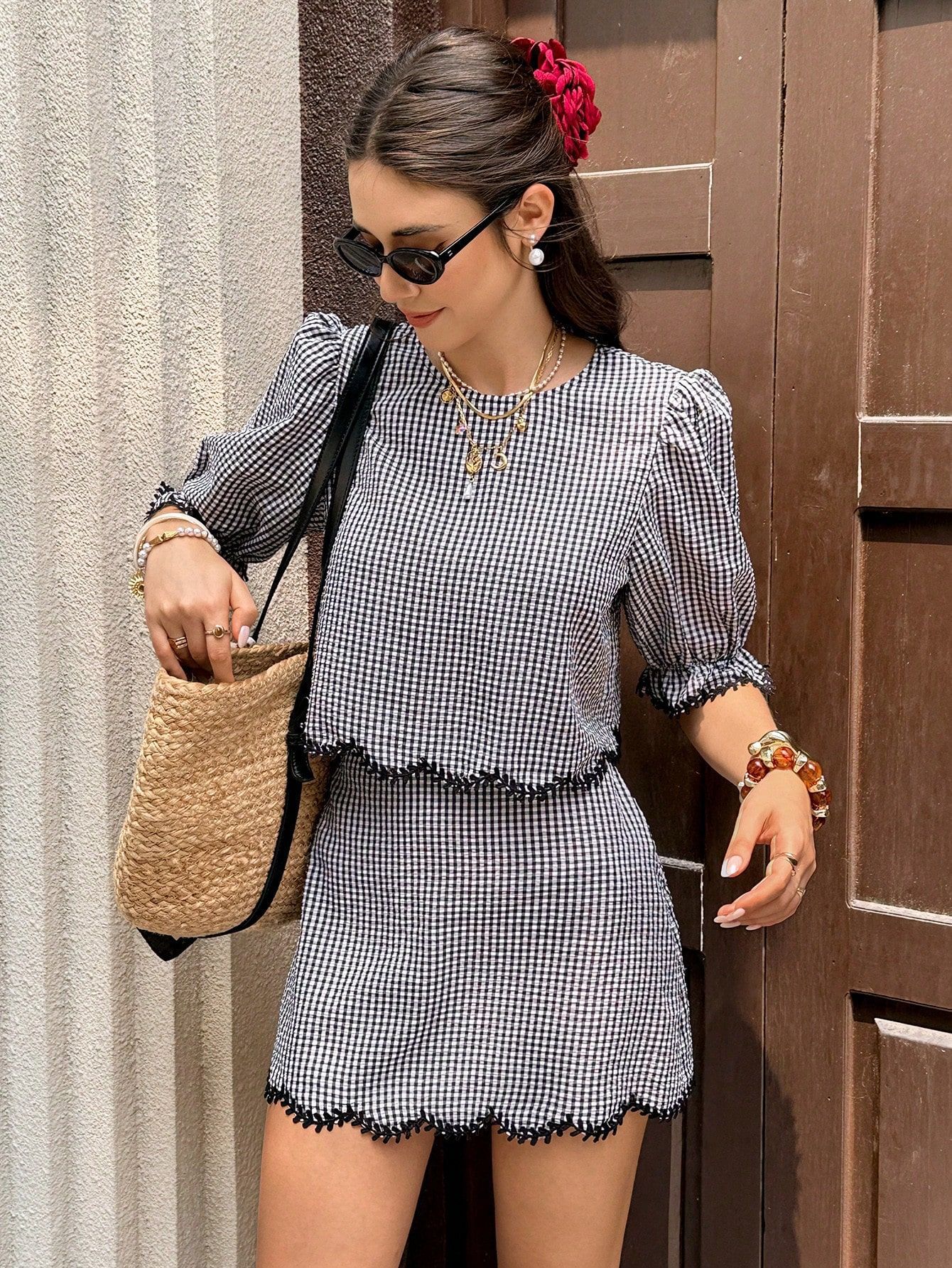 Sweet Plaid Two-Piece Set with Lace Asymmetrical Hem Skirt