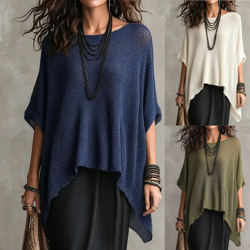 Women's Open Knit Top with Round Neck, Asymmetrical Hem, and Dolman Sleeves