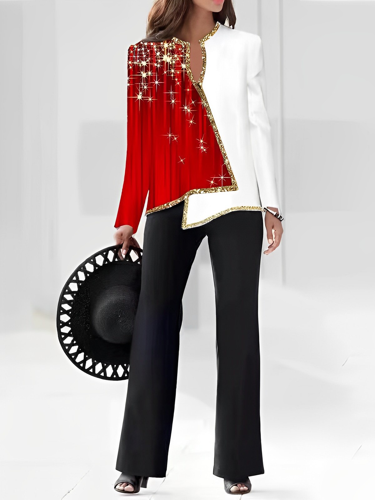 3D Digital Print V-Neck Asymmetric Shirt & Pants Set