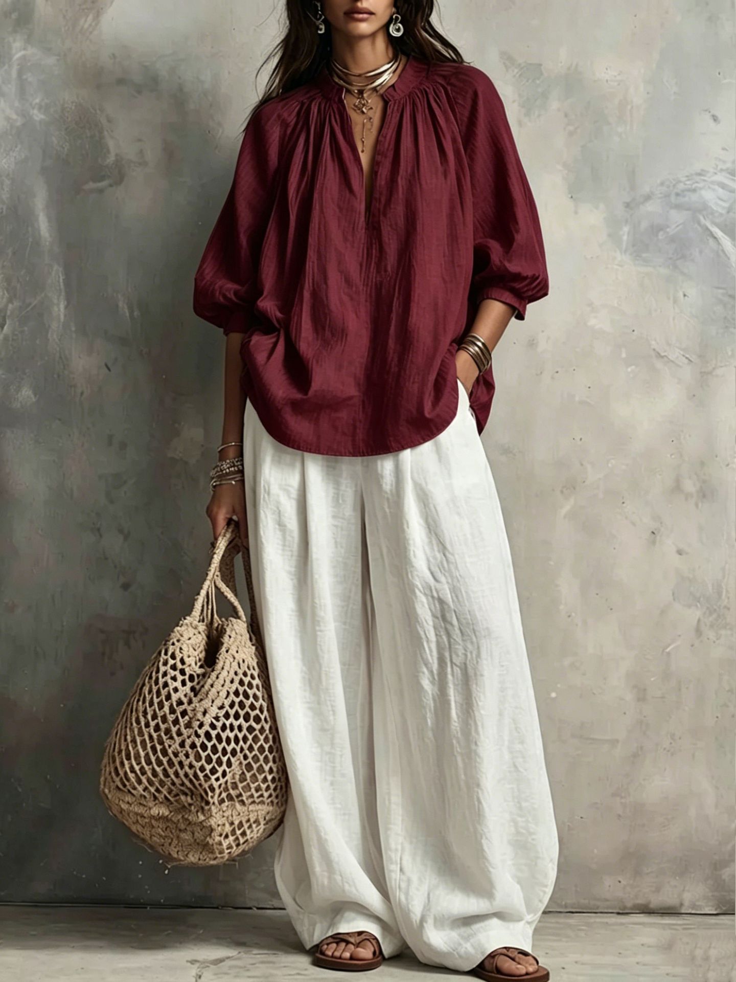 Boho V-Neck 3/4 Sleeve Shirt & Wide-Leg Pants Set