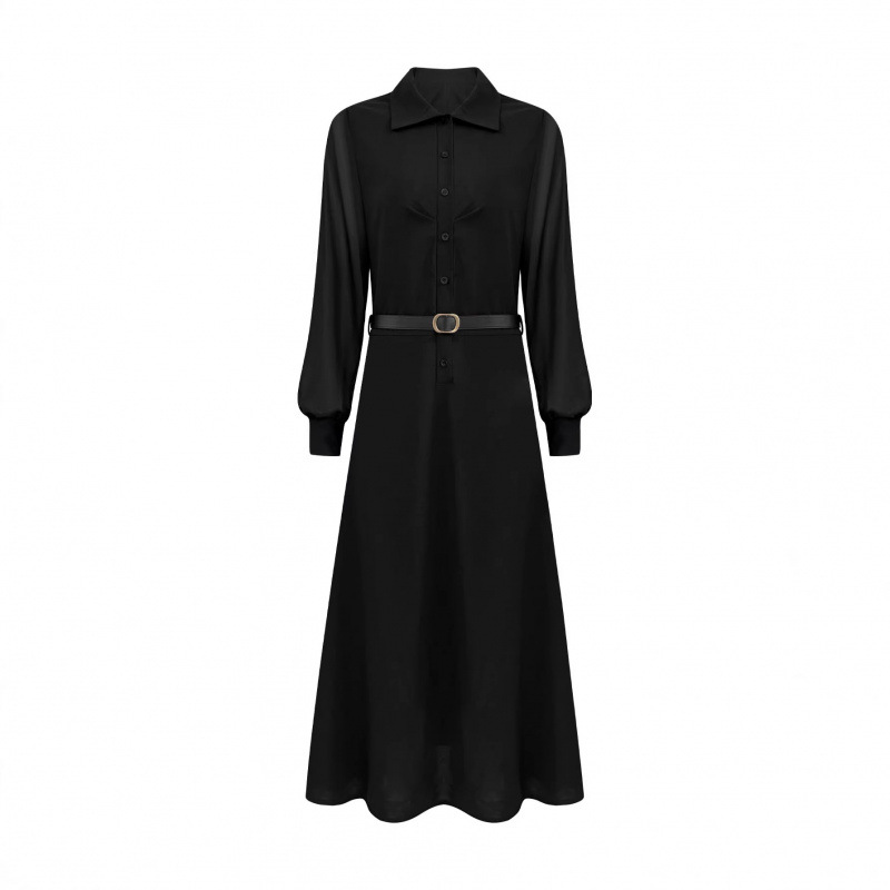 French-Style Black Shirt Dress with Sheer Sleeves and Cinched Waist
