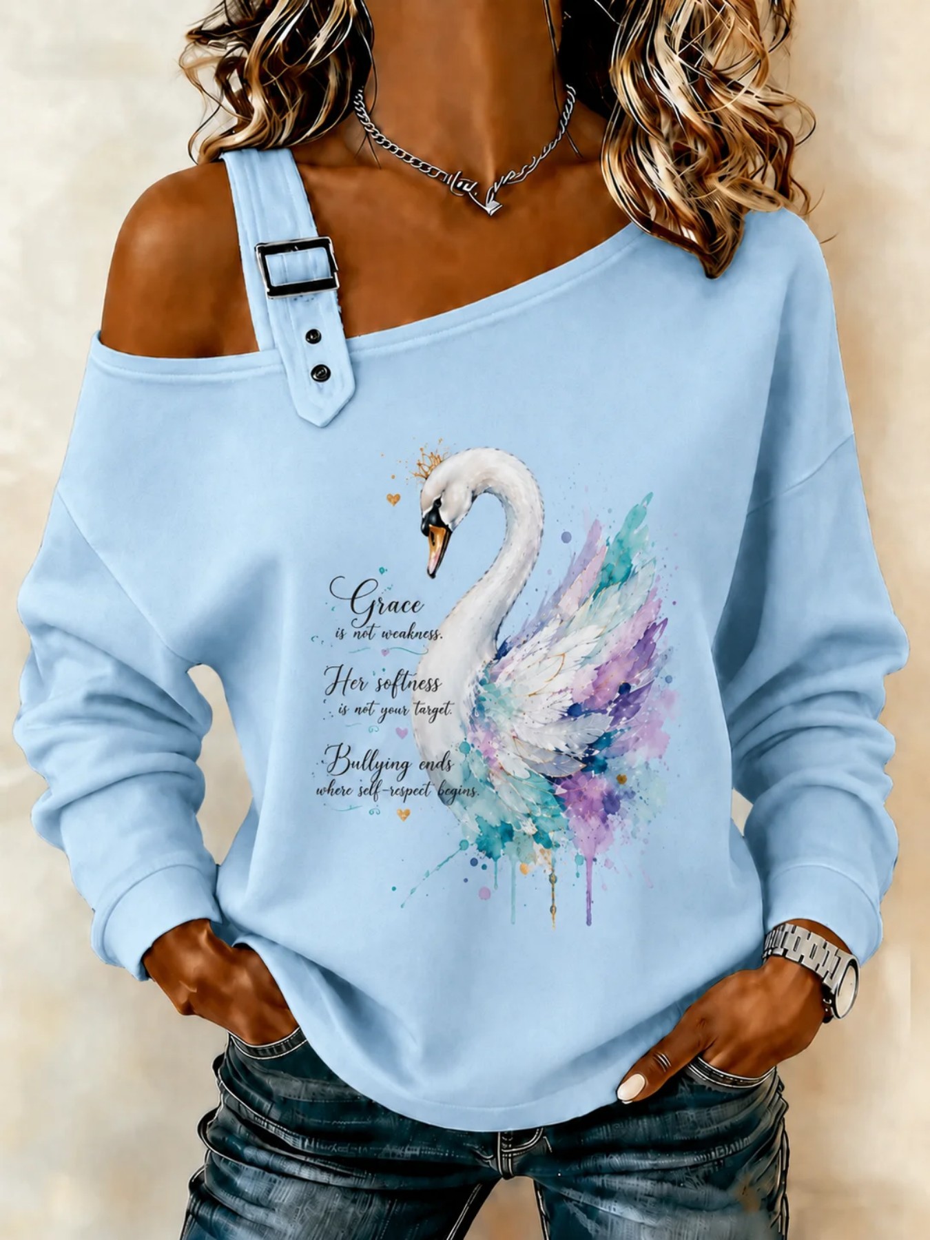 Swan Hummingbird Floral Print Crewneck Long Sleeve Pullover Sweatshirt