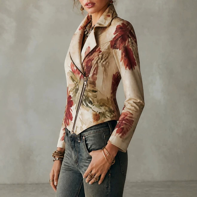 Bohemian Floral Print Asymmetric Hem Zip Moto Jacket