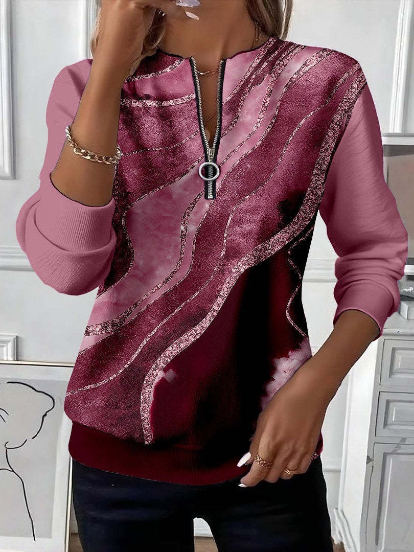 Women's Boho Print Long Sleeve Zip-Up Sweatshirt Casual Top