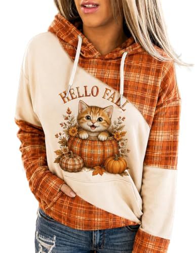 Plaid Cat & Pumpkin Print Hooded Sweatshirt for Women