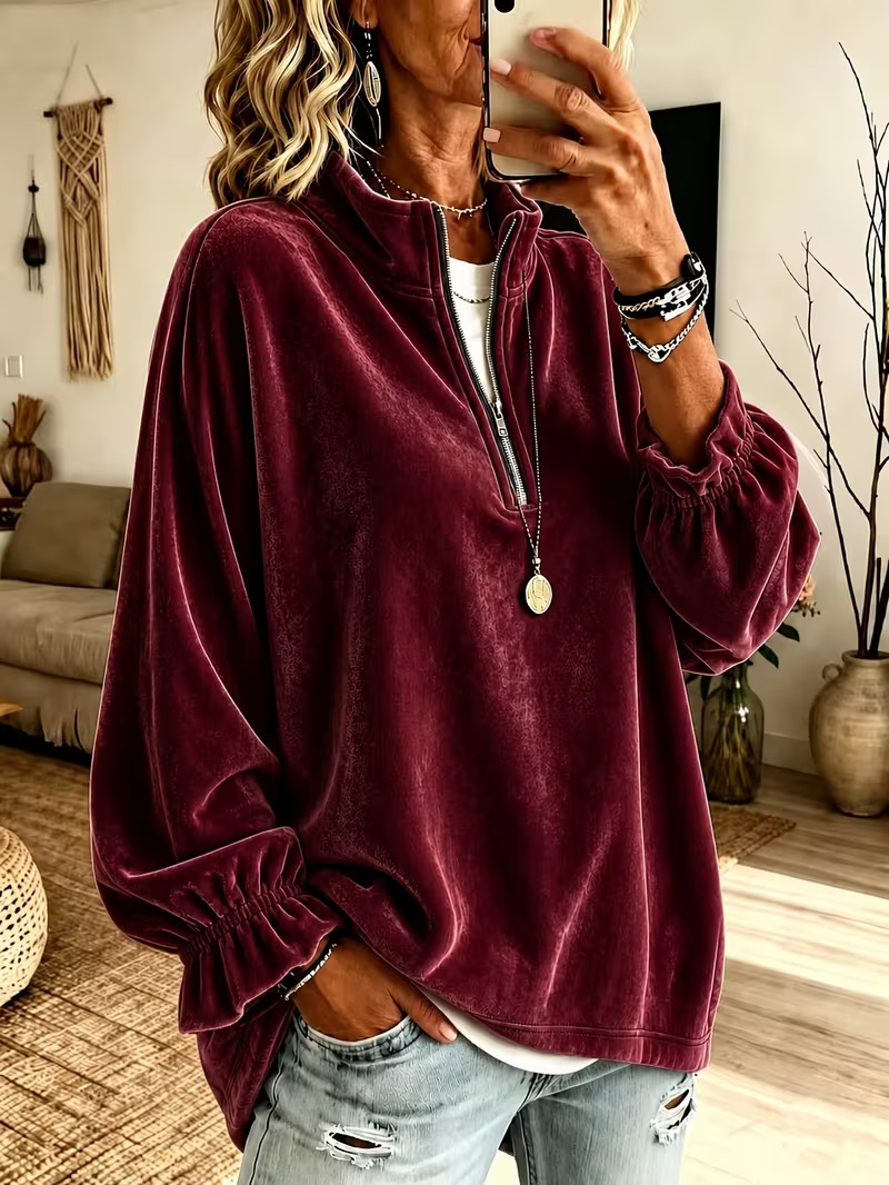 Women's Casual Zip-Up Loose Sweatshirt with Turn-Down Collar