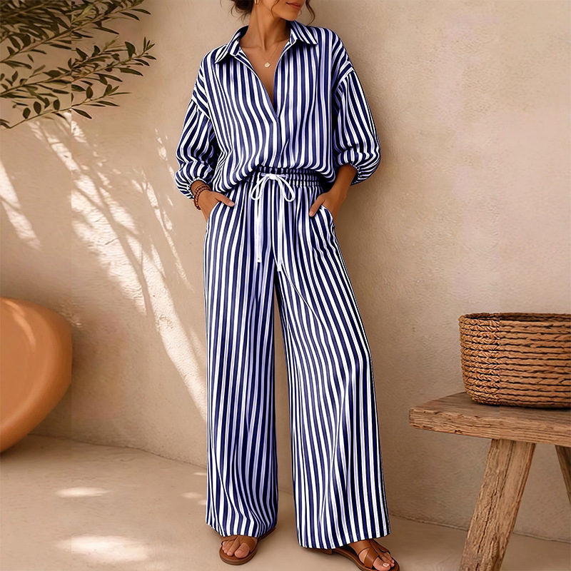 Striped Top & Solid Wide-Leg Pants Two-Piece Set