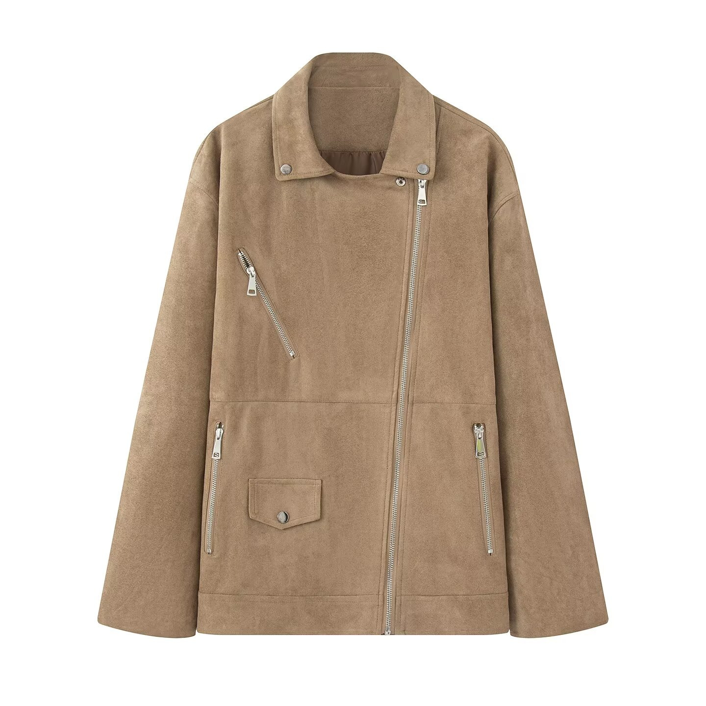 Suede-Feel Moto Jacket with Lapel Collar