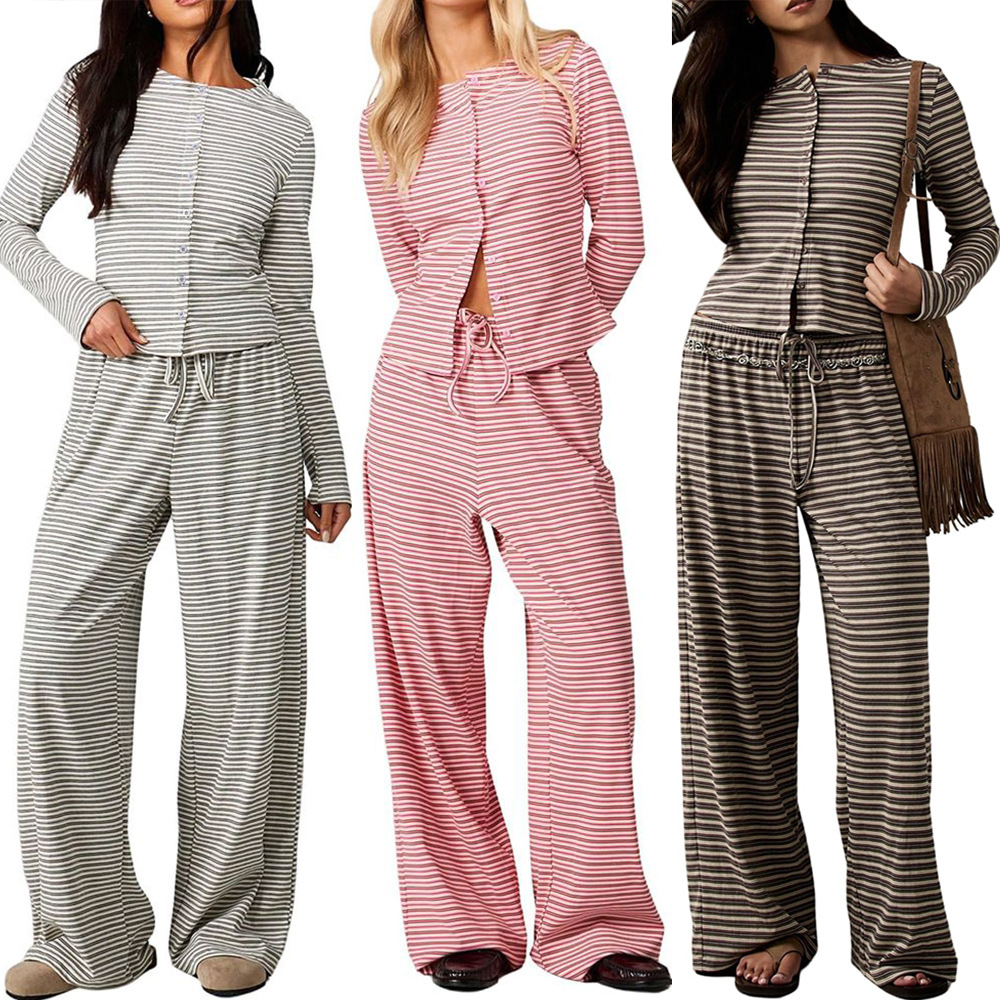 Women's Striped Long Sleeve Top and Pants Casual Y2K Set