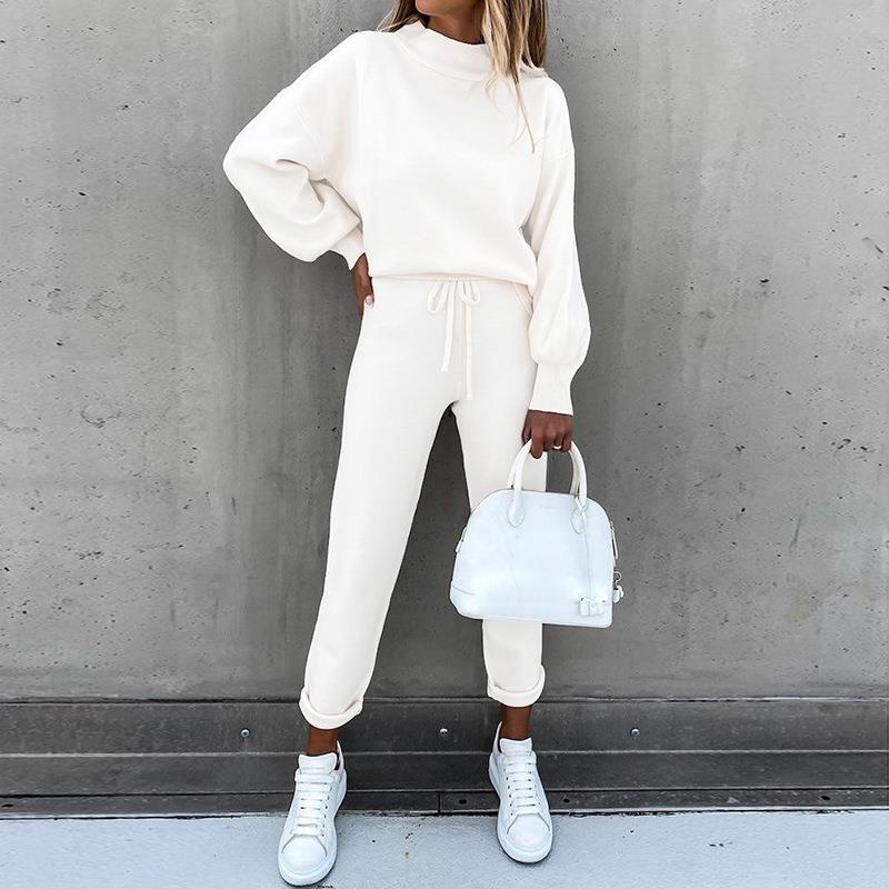 Women's Turtleneck Solid Color Top and Drawstring Pants Two-Piece Sweatsuit Set