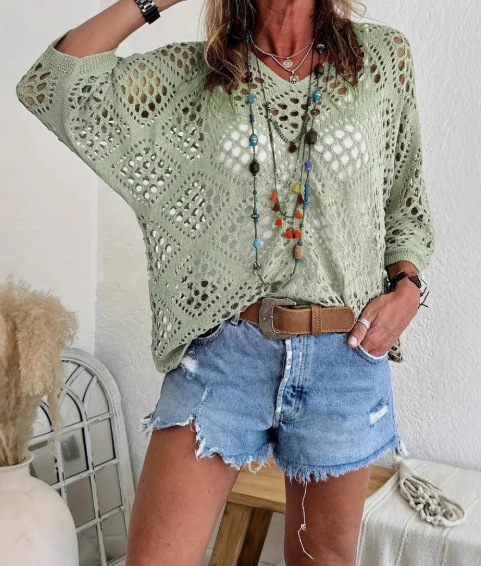 V-Neck Diamond Openwork Batwing Sleeve Knit Sweater Top