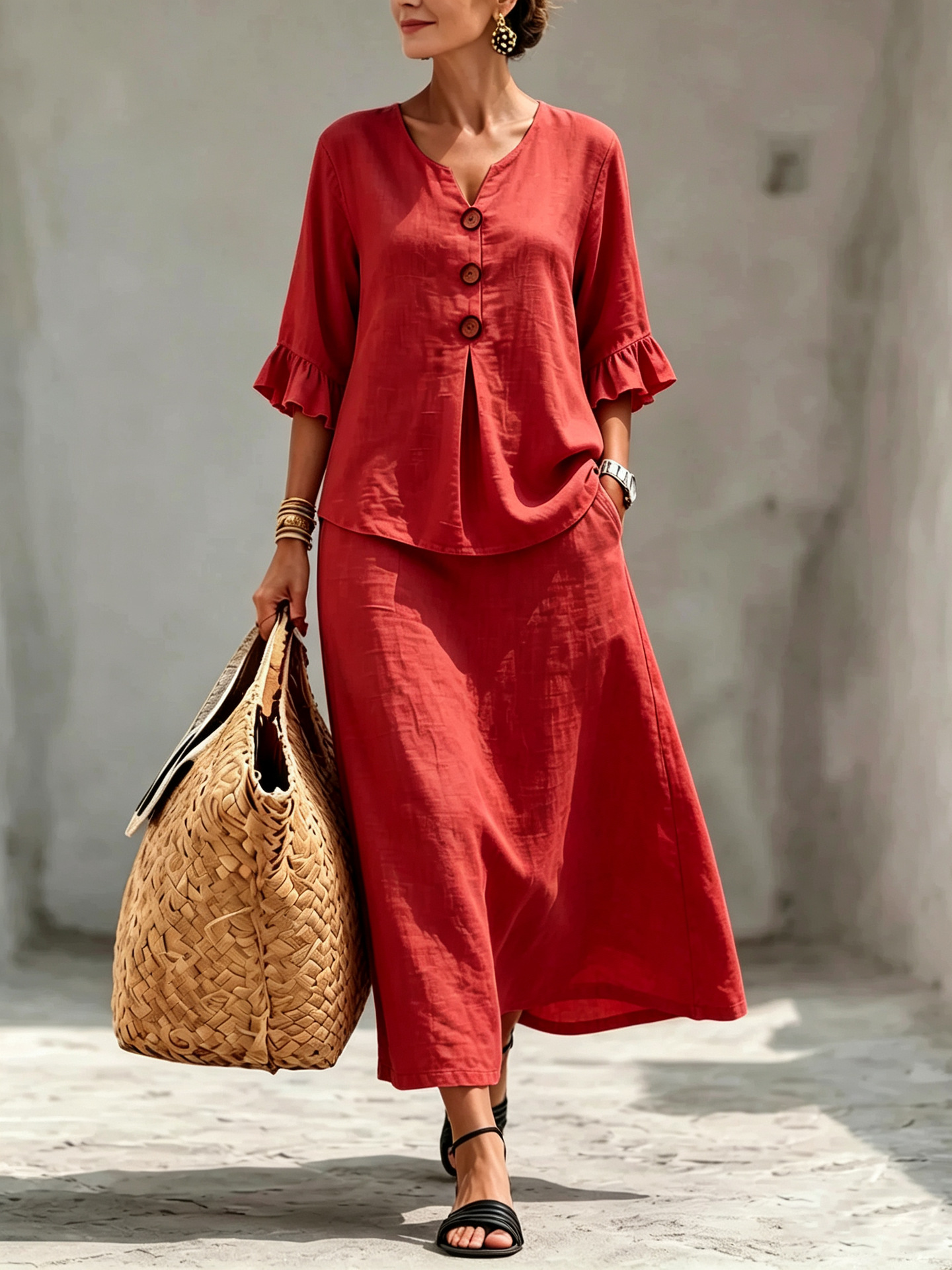 Women's Solid Button V-Neck Ruffle Three-Quarter Sleeve Top and Skirt Set