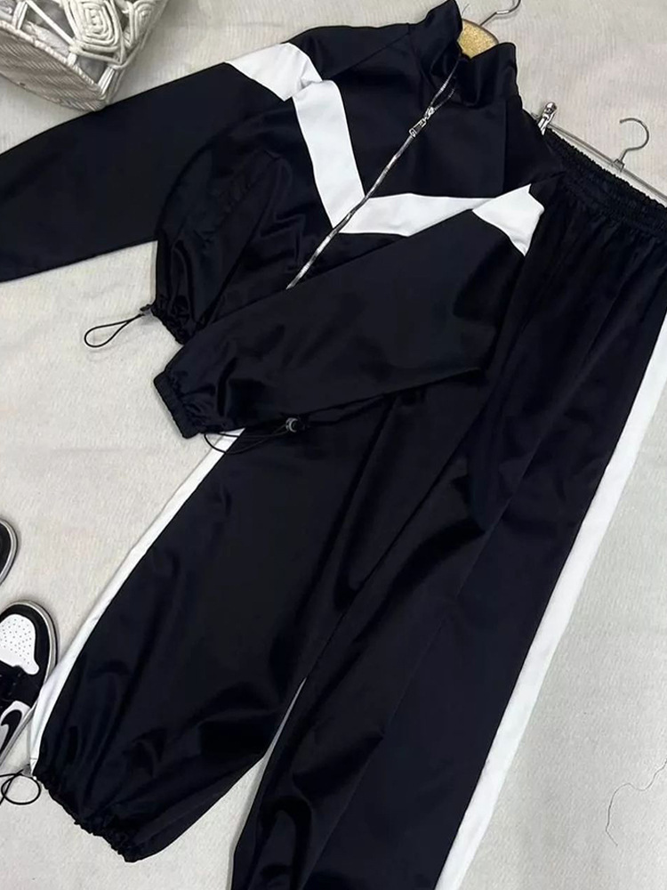 Women's Color-Block Long-Sleeve Cardigan and Pants Set Streetwear